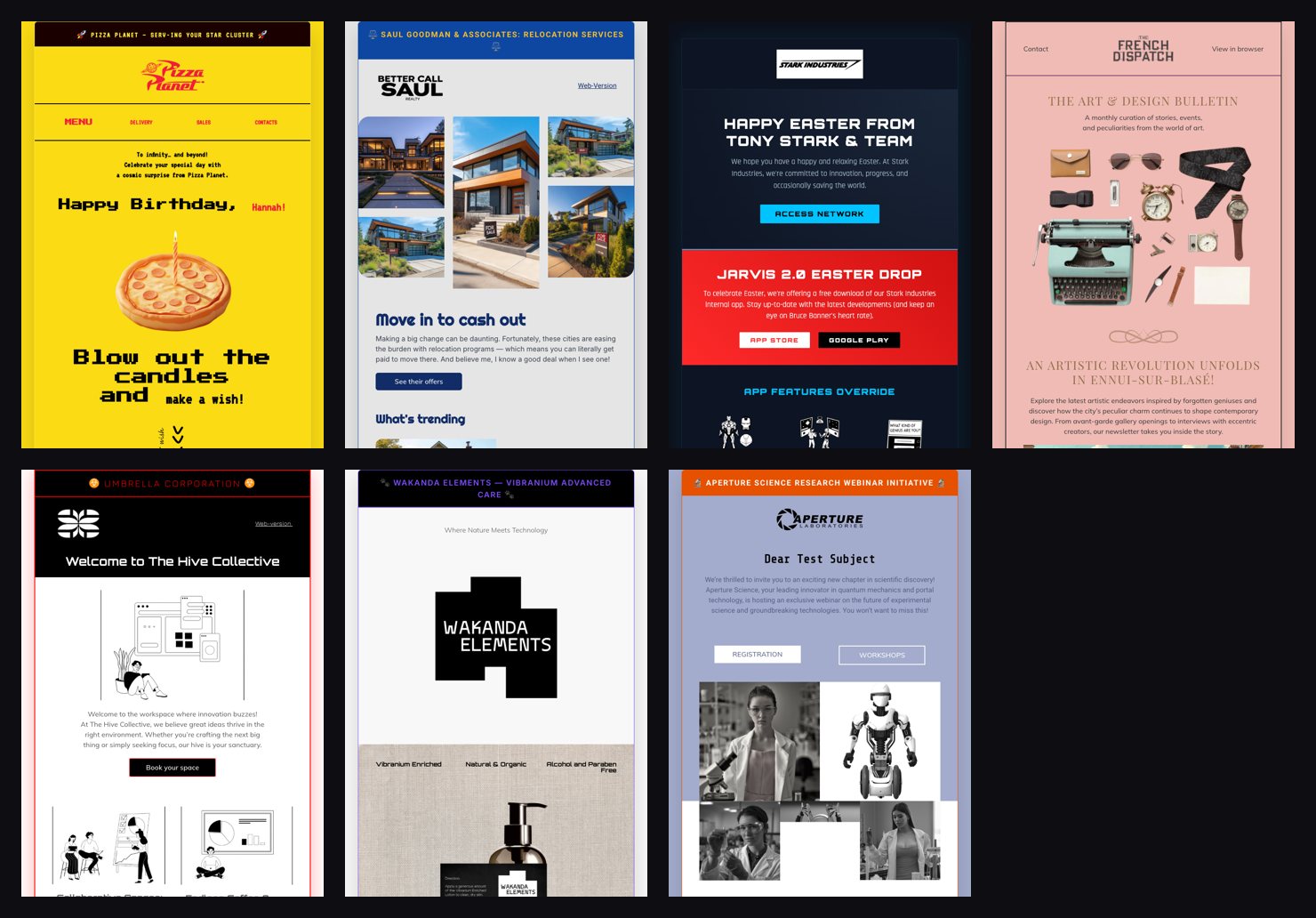Templates: Pizza Planet, Saul Goodman, Stark Industries, The French Dispatch, Umbrella, Wakanda, Aperture, Pied Piper
